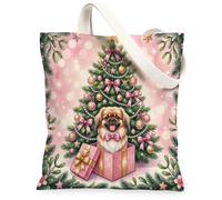 Christmas Pekingese Dog Canvas Tote Bag for Shopping 13 * 15, Festive Tree Gifts Reusable Grocery Shoulder Bag for Women, Xmas Painting Gift Decor