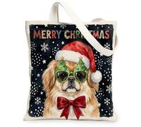 Christmas Pekingese Dog Canvas Tote Bag for Shopping 13 * 15, Fun Festive Snowflakes Reusable Grocery Shoulder Cloth Bag for Women, Xmas Painting Gift Decoration