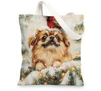 Christmas Pekingese Dog Canvas Tote Bag for Shopping 13 * 15, Xmas Cardinal Snowy Reusable Grocery Shoulder Cloth Bag for Women, Pet Painting Gift Decor