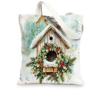 Christmas Pelicans Bird Canvas Tote Bag for Shopping 13 * 15, Fun Watercolor Birdhouse Reusable Grocery Bag for Women, Winter Travel Painting Gift Decoration