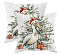 Christmas Pelicans Bird Pillow Cases Kit of 2, Soft Xmas Tree Gifts Box Printing Throw Pillow Covers 16x16 Set, Winter Velvet Home Decor for Couch Living Room Bed