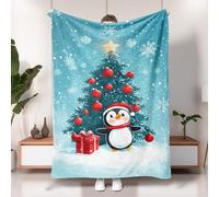 Christmas Penguin Fleece Blanket, Blue Cute Cartoon Snowflake Tree Holiday Throw Blanket, Xmas Soft Cozy Warm Sleep Blanket for Sofa, Bed, All Season 50x60 Inch