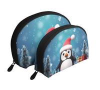 Christmas Penguin Portable Shell Cosmetic Bag Set - Travel Makeup Organiser with Zipper & Inner Compartments
