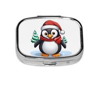 Christmas Penguin Print Pill Box Square Pill Case 2 Compartment Small Metal Medicine Organizer Portable Travel Pillbox for Pocket Purse Cute Mini Pill Container to Hold Daily Vitamins