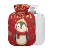 Christmas Penguin Red Print Hot Water Bottle with Cover 2L Large Warm Water Bag for Hot Cold Therapy Pain Relief Back Pain