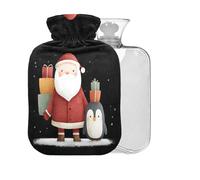Christmas Penguin Santa Black Pattern Hot Water Bottle with Cover 2L Large Warm Water Bag for Hot Cold Therapy Pain Relief Back Pain