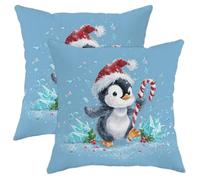 Christmas Penguin Throw Pillow Covers Set of 2, Light Blue Cute Animal Cushion Cases, Holiday Decorative Square Covers for Home Sofa Bed Couch 16x16 Inch