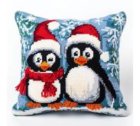 Christmas Penguins Family Latch Hook Kits Pillow Cover DIY Crochet Hook Cushion Rug Making Kits with Printed Pattern Canvas Needlework Hooking Christmas Adorment 43x43cm(y60)