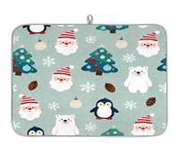 Christmas Penguins Polar Bears Absorbent Dish Drying Mat for Kitchen Counter, Reversible Microfiber Dish Drying Pad with Hanging Loop for Glassware Utensils Pots 18x24 in