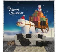 Christmas Penguins Polar Bears Tapestry 80"X60" Wall Hanging Blanket Navy Blue Cute Animals Tapestries Xmas Party Decorations Wall Art For Living Room Bedroom Dorm Home Decor 200X150Cm