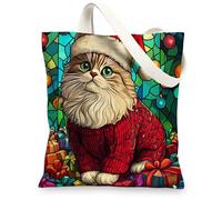 Christmas Persian Cat Canvas Tote Bag for Shopping 13x15, Stained Glass Winter Animal Reusable Grocery Print Pattern Bag for Women, Holiday New Year Aesthetic Painting Gift Decoration