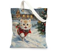 Christmas Persian Cat Canvas Tote Bag for Shopping 13x15, Winter Snow Xmas Animal Reusable Grocery Print Bag for Women, Holiday Pet Aesthetic Painting Gift Decor