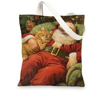 Christmas Persian Cat Canvas Tote Bag for Shopping 13x15, Xmas Santa Animal Reusable Grocery Print Pattern Bag for Women Men, Holiday New Year Aesthetic Painting Gift Decor