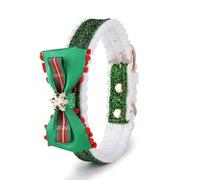 Christmas Pet Collars with Snowflake Charm and Festive Bow Design, Adjustable Holiday Dog Cat Necklace with Glitter Band and Wave Pattern, Premium PU Material with Soft White Trim (Green)