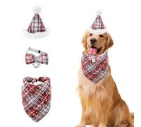 Christmas Pet Dog Costume,1 Pcs Classic Plaid Dog Bandana,1 Pcs Triangle Hat and 1 Pcs Adjustable Bowtie for Pet Puppy Cat Party Dress-up Cosplay Costume