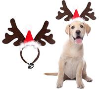 Christmas Pet Headband, Reindeer Antler Costume, Christmas Items for Pets, Adjustable Headband with Christmas Hat, Elk Headpiece, Brown, Cotton and Plush, 32 cm x 26 cm