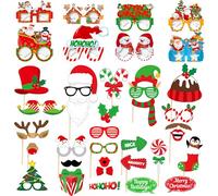 Christmas Photo Booth Props Decorations - 40Pcs Christmas Selfie Props Station Eyeglasses Backdrop for Photography Paper Glasses Party Favors for Kids Adults Party Supplies