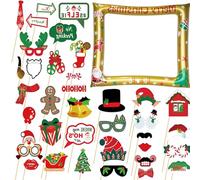 Christmas Photo Booth Props Inflatable,Large Gold Christmas Photo Booth Frame with 32Pcs Christmas Photo Props,Christmas Party Photo Booth Props Frame for Kids Adults Christmas Party Games Accessories