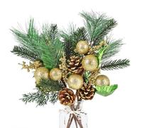 Christmas Picks and Sprays 6Pcs, 35cm Glitter Berry Picks Artificial Pine Branches, Christmas Berries Stems for Wreath Making and Floral Arrangement, Pine Cones Stems for Table decoration, Gold
