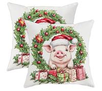 Christmas Pig Throw Pillow Covers, Cute Piglet and Wreath Pillow Case, Winter Holiday Xmas Decoration Cozy Cushion Covers for Home Sofa Bedroom Living Room 20x20 Inch
