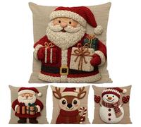Christmas Pillow Covers, 18x18 Linen Pillow, Couch Cover, 4 Pieces Cute Santa Home Decor | Throw Cases | 3D Printed Linen Covers For Couch Bed Bedroom Living Room Office Apartment Party Holiday