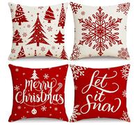 Christmas Pillow Covers, 18x18in Christmas Tree Snowflake Decor Linen Throw Pillows Cases, Set of 4 Xmas Holiday Home Bedroom Decorative Cushion Cover for Sofa Car Home, 45cm x 45cm Red