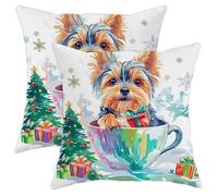 Christmas Pillow Covers Set of 2, Cute Yorkshire Terrier Dog in Cup Throw Pillows Case, Festive Decorative Square Home Decor Cushion Covers for Sofa Bed Couch 16x16 Inch