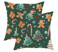 Christmas Pillow Covers Set of 2, Green Gingerbread and Christmas Tree Decorative Throw Cushion Cases, Holiday Farmhouse Decor for Home Sofa Bed Couch 18x18 Inch