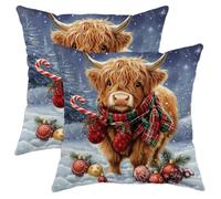 Christmas Pillow Covers Set of 2, Highland Cow Design Throw Pillows Case, Winter Holiday Decorative Square Farmhouse Decor Cushion Covers for Home Sofa Bed Couch 18x18 Inch