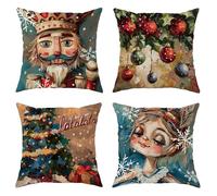 Christmas Pillow Covers Set of 4, Festive Nutcracker and Holiday Ornaments Decorative Throw Pillow Cases, Winter Wonderland Decorative Square Cushions for Home Sofa Bed Couch 18x18 Inch