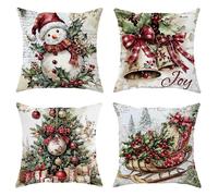 Christmas Pillow Covers Set of 4, Festive Snowman, Bells, Christmas Tree & Sleigh Decorative Cushion Cases, Holiday Farmhouse Decor for Home Sofa Bed Couch 18x18 Inch