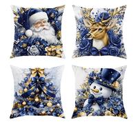 Christmas Pillow Covers Set of 4, Navy Blue Floral Design Throw Pillow Cases, Festive Decorative Square Cushion Covers for Home Sofa Bed Couch 18x18 Inch