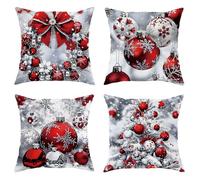 Christmas Pillow Covers Set of 4, Red and Silver Holiday Decorative Throw Pillows Case, Festive Seasonal Home Decor Cushion Covers for Sofa Bed Couch 20x20 Inch