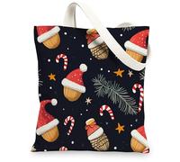 Christmas Pine Cones Canvas Tote Bag for Shopping 13 * 15, Cartoon Xmas Candy Canes Stars Reusable Grocery Shoulder Cloth Bag for Women, Acorns Painting Gift Decoration
