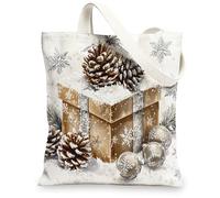 Christmas Pine Cones Canvas Tote Bag for Shopping 13 * 15, Xmas Luxury Snowflakes Balls Reusable Grocery Shoulder Cloth Bag for Women, Acorns Painting Gift Decor
