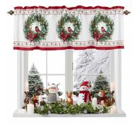 Christmas Pine Wreath Valances for Windows, Rustic Red Satin Bow Eucalyptus Leaves Light Filtering Window Treatments Short Valance Curtains Rod Pocket for Kitchen Bathroom 42”x12”, 1 Panel