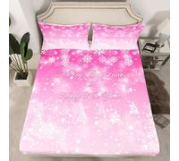 Christmas Pink Fitted Sheet Double Size, Xmas Trees Deer Snowflake Bedding Set 3pcs for Kids Girl Room Decor, New Year Theme Bed Cover with 2 Pillowcases, Soft Polyester Bedding