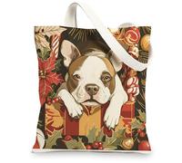 Christmas Pitbull Dog Canvas Tote Bag for Shopping 13 * 15, Vintage Xmas Poinsettia Puppy Reusable Grocery Bag for Women, Fun Retro Aesthetic Painting Gift Decor