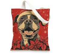 Christmas Pitbull Dog Canvas Tote Bag for Shopping 13 * 15, Xmas Poinsettia Reusable Grocery Shoulder Cloth Bag for Women, Pet Painting Gift Decoration
