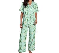 Christmas Pjs Women, Women'S Printed V-Neck Short Sleeve Pajama Set Button Down Top and Soft Pants for Cozy Nights and Relaxation At Home (Green, L)