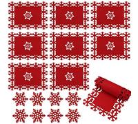Christmas Placemats, EBANKU 8PCS Christmas Table Runner, Table Mat and Cup Mats, Red Snowflake Design Set for Christmas Party, Family Dinners, Party Decoration