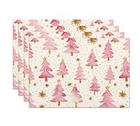 Christmas Placemats Set of 4, 12x18 Inch Pink Merry Christmas Trees Heat-Resistant Place Mats, Seasonal Winter Table Decors for Farmhouse Kitchen Dining Xmas Holiday Party