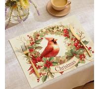 Christmas Placemats set of 6, Beautiful Red Sparrow Table Mats Washable Cotton Linen Dining Place Mats for Xmas Home Kitchen, Watercolor Holly Leaves Table Decorations 18x12 Inch