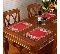 Christmas Placemats Set of 6,Embroidered Poinsettia and Holly Holiday Table Decorations for Dining Table,12”x17”,Burgundy