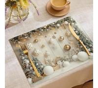 Christmas Placemats set of 6, Modern Pine Branches Table Mats Washable Cotton Linen Dining Place Mats for Xmas Home Kitchen, Snowflakes Mistletoe Table Decorations 18x12 Inch