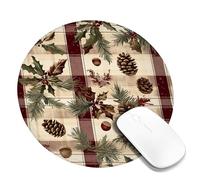 Christmas Plaid Desk Mouse Pad, Red Green Holiday Leaves and Pinecones Non-Slip Washable Mousepad for Home and Office Computer, Laptop Round 8x8 Inch