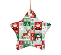 Christmas Plaid Santa Claus Snowman Ceramic Christmas Tree Ornament, Double-Sided Printed Star Shape Porcelain Hanging Decoration, Elegant Holiday Keepsake for Xmas Tree Home Office Gift Exchange