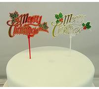 Christmas Plastic Decoration Cake Topper 2 x Red Green & Gold Merry Christmas Pics Bold