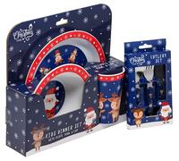 Christmas Plastic Kids 6 Piece Dinner & Cutlery Set - Blue Plate Bowl Cup Cutlery