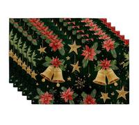 Christmas Poinsettia Bells Placemats, Dark Green Holiday Table Mats for Dining, Non-Slip Washable Indoor Outdoor Decorative Placemat Set of 6